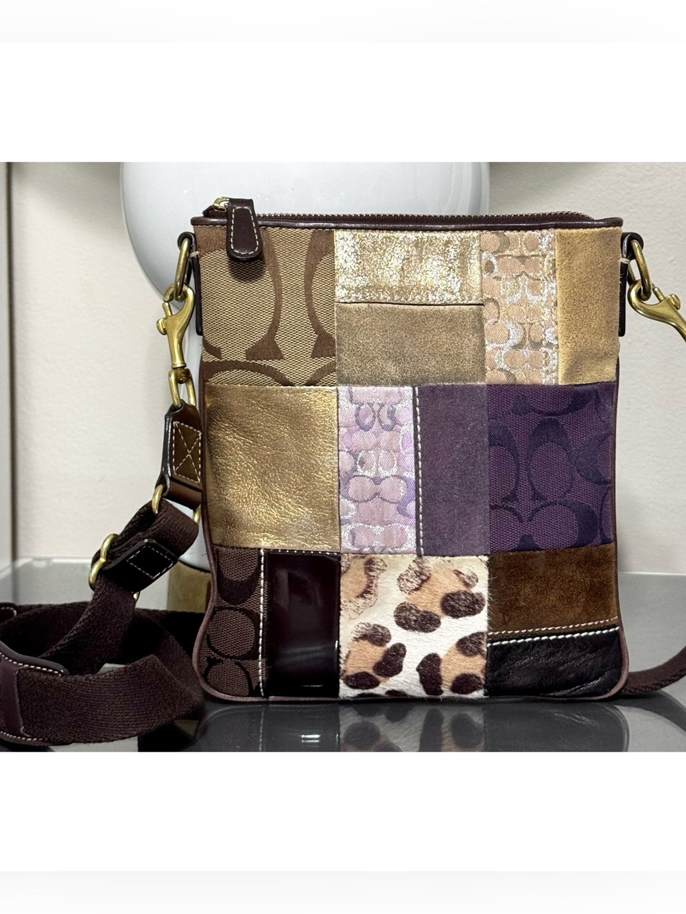 COACH Patchwork Swingpack Crossbody Leopard Haircalf Metallic